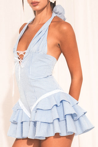 “Not So Baby Blue” Mini Halter Jumpsuit